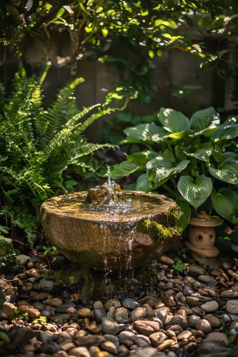 A small recirculating stone fountain surrounded by ferns and hostas in a shady garden corner, with dappled light filtering through overhead tree branches