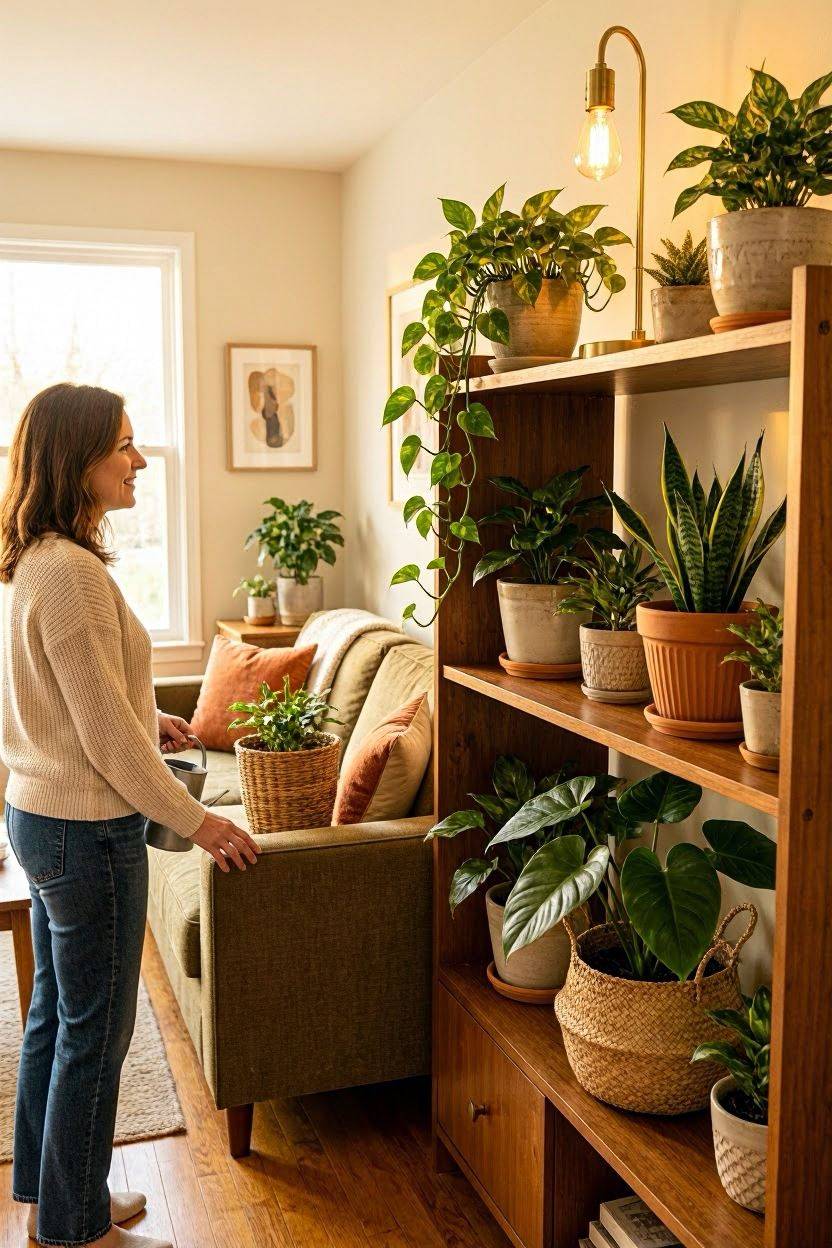 Shade plants arranged in a low light living room corner