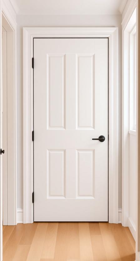 Two-panel shaker style bedroom door painted white installed in a modern farmhouse master bedroom