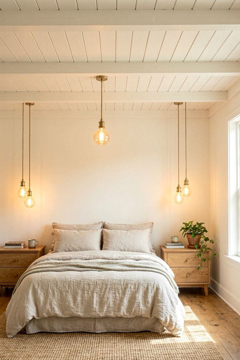Shiplap ceiling planks in a bedroom