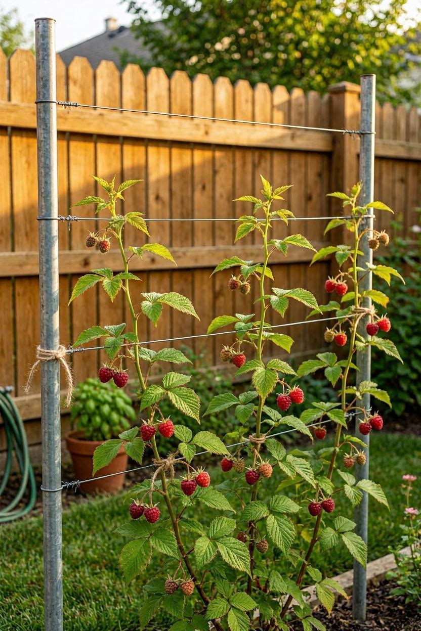 Single-wire raspberry trellis along a cedar fence in a small suburban backyard with red raspberries visible