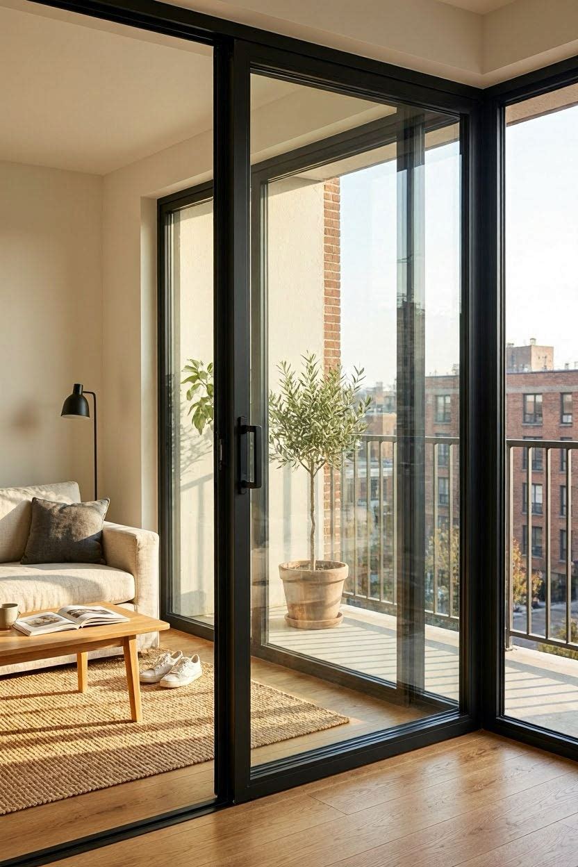 Modern sliding glass balcony door with a sleek black aluminum frame