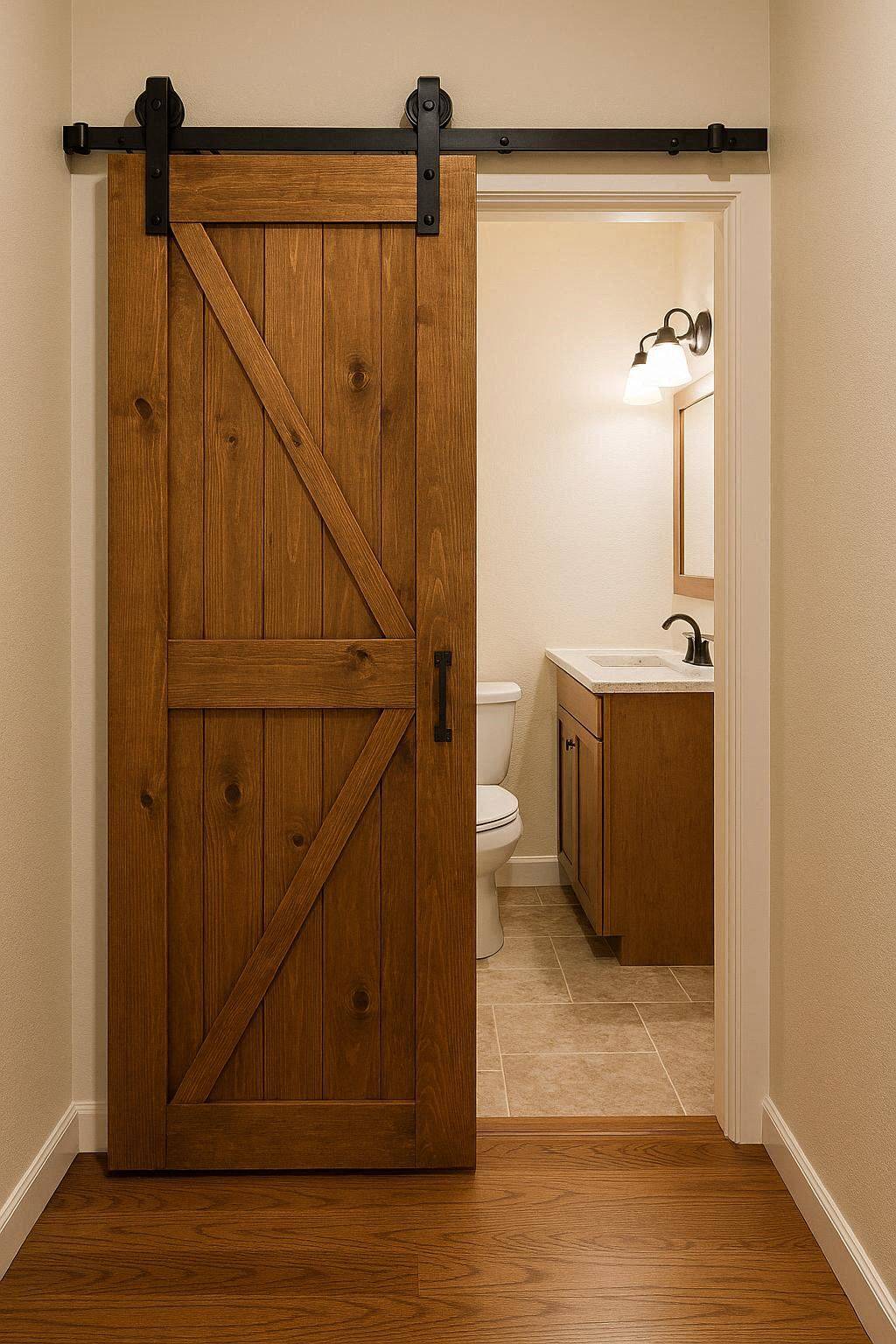 Sliding barn style door installed on small bathroom entrance