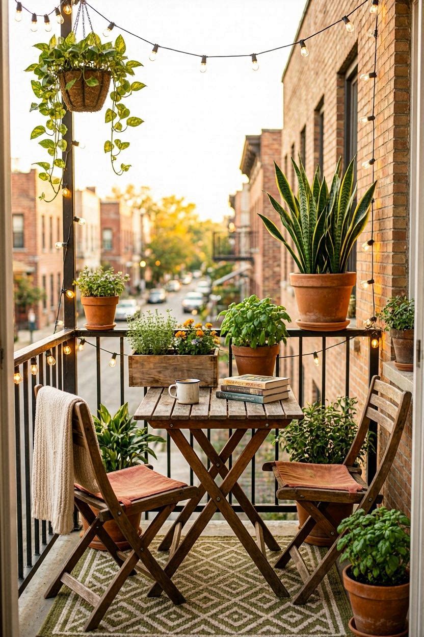 Cozy small apartment balcony makeover with plants and seating