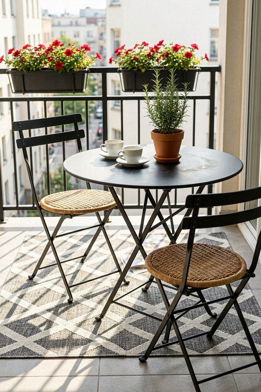 Small balcony with bistro table and two folding chairs in black metal with cushions, outdoor rug and plants