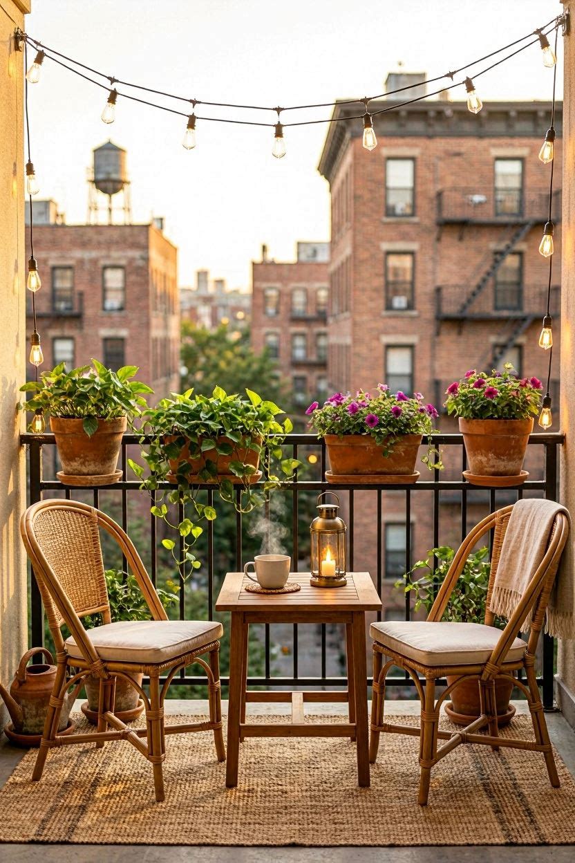 Cozy small balcony decorated with string lights, rattan chairs, potted plants and outdoor rug in a USA apartment