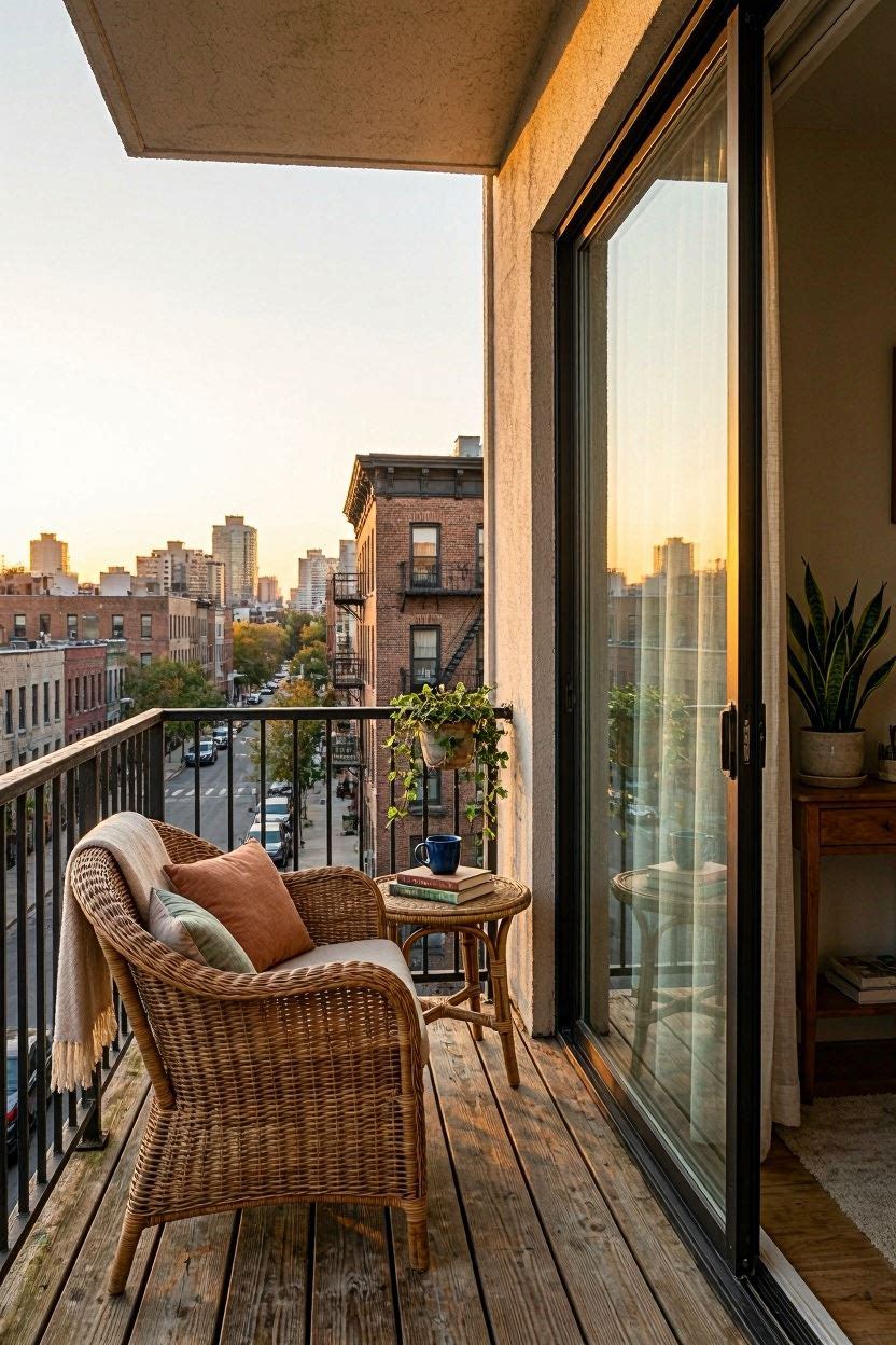 Small apartment balcony with a single sliding glass door and compact outdoor furniture