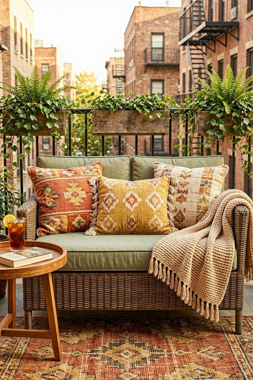 Small balcony loveseat with colorful outdoor cushions and throw pillows in boho pattern with plants and rug
