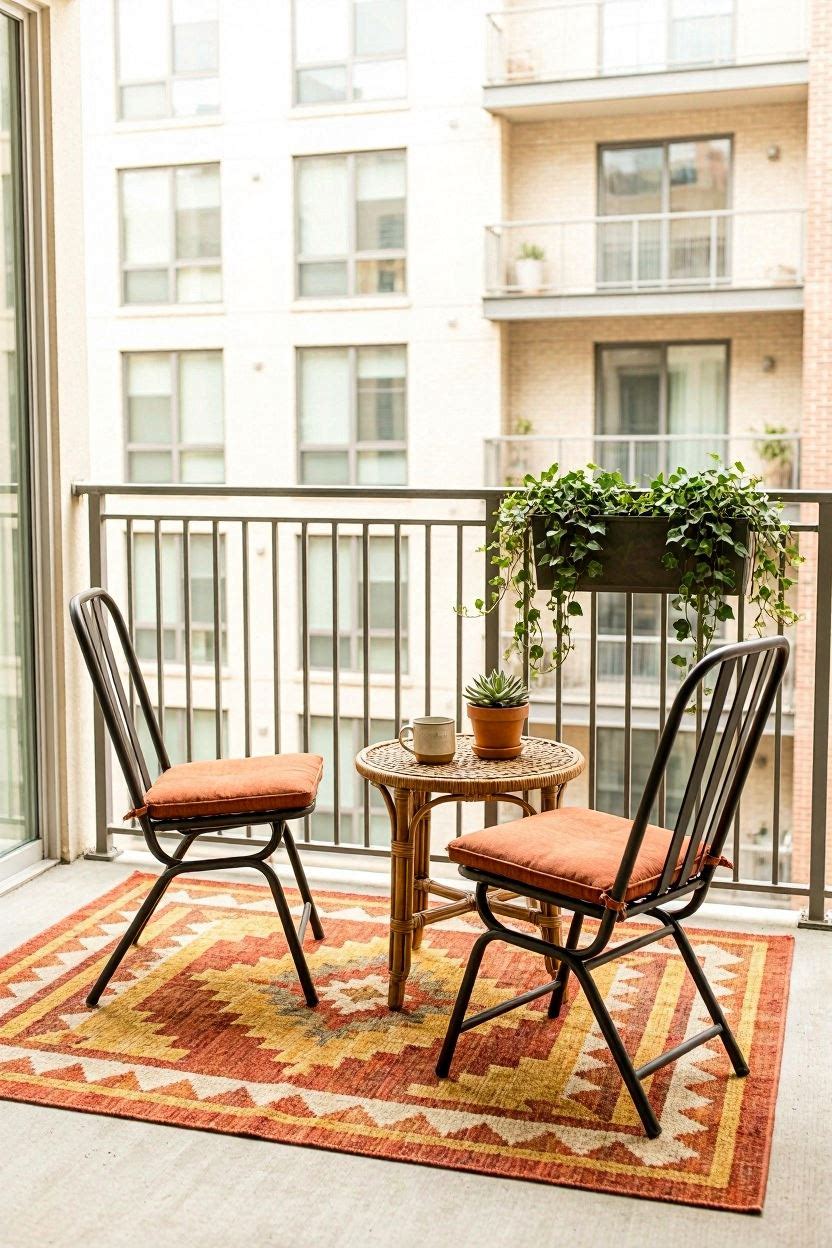Small balcony with a patterned outdoor rug defining the seating area with rattan chairs and string lights