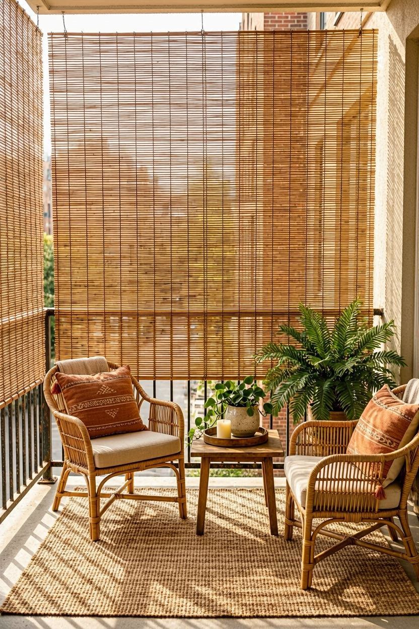 Small balcony with bamboo privacy screen on railing creating a cozy enclosed outdoor seating nook with plants