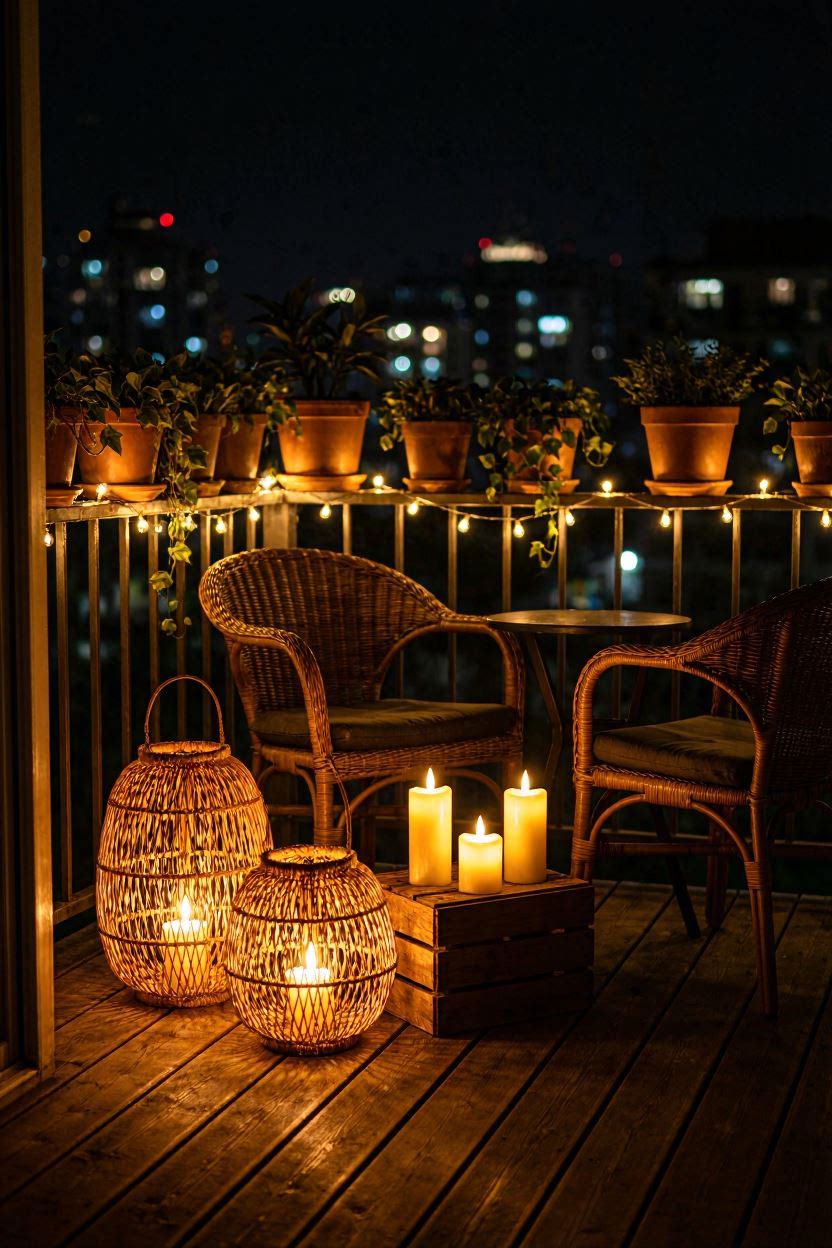 Small balcony at dusk with solar lanterns on the floor and railing with warm flickering candlelight and potted plants