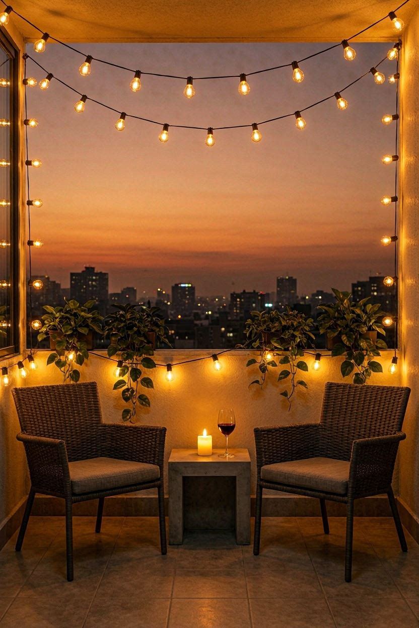 Small apartment balcony with warm Edison string lights hung along the railing and overhead with rattan seating below