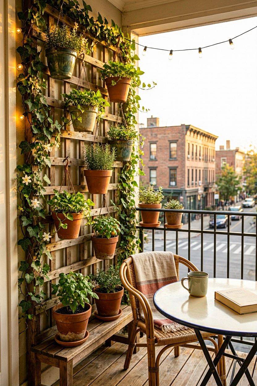 Small balcony corner with a wooden trellis covered in climbing vines and hanging pots