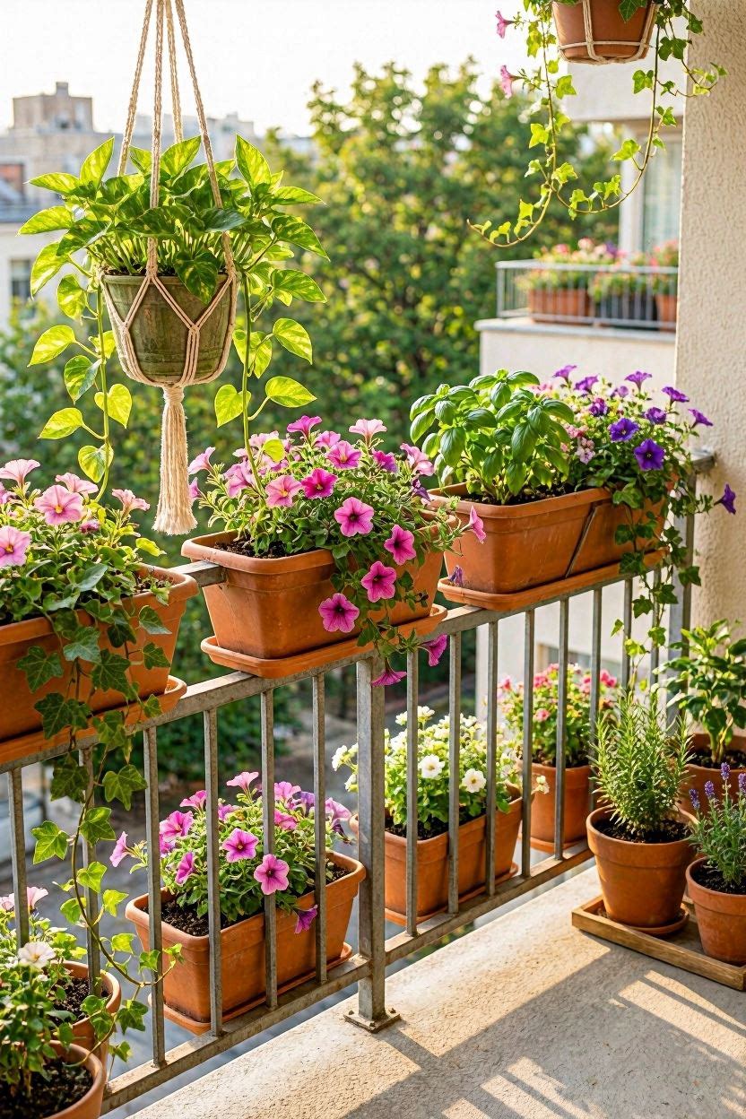 Small balcony railing with vertical planter boxes full of trailing plants herbs and flowers in a city apartment