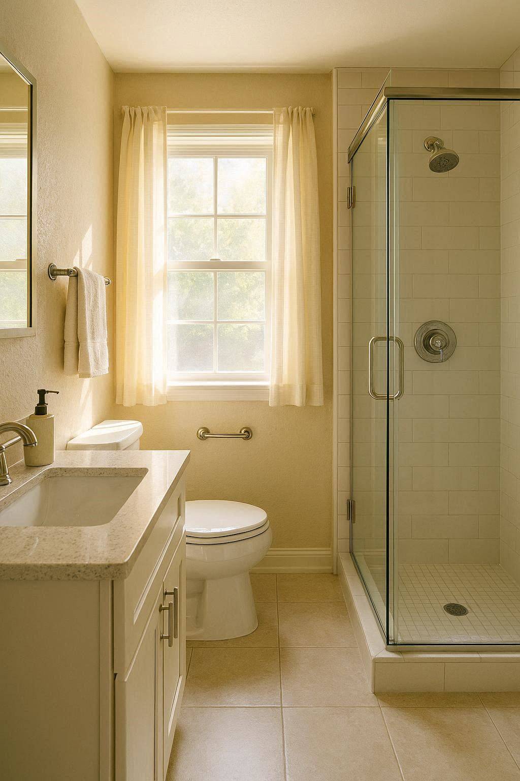 Small bathroom makeover with light colors and glass shower to make the space look bigger