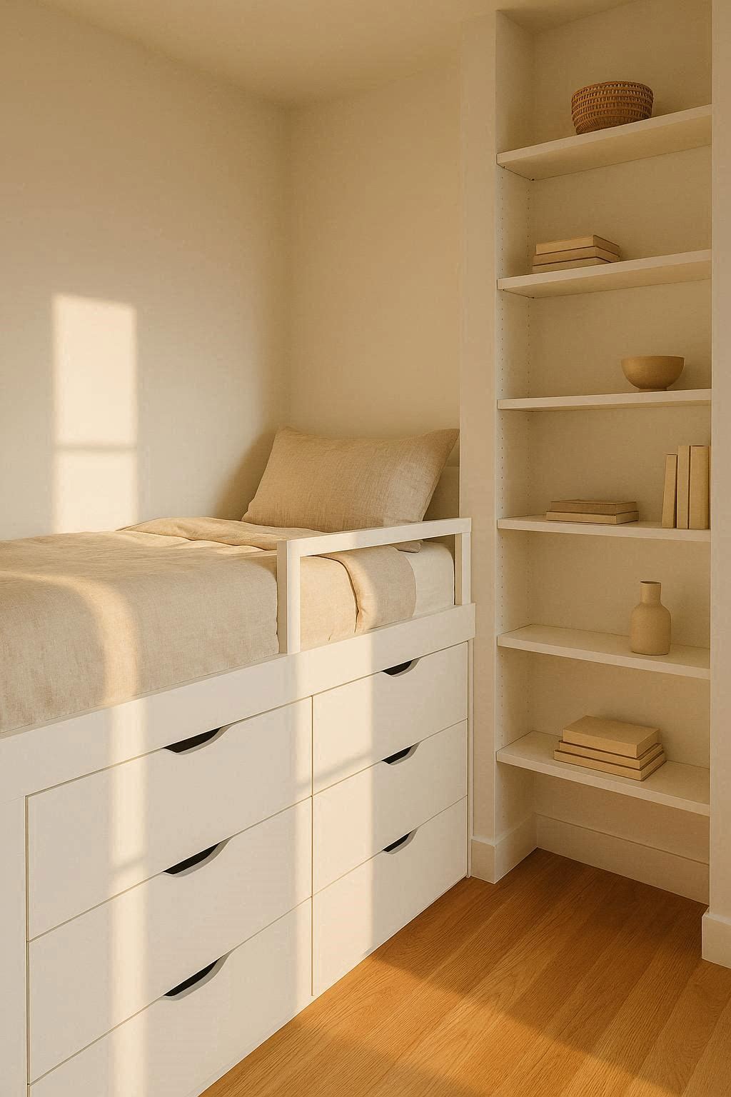 Small bedroom with space-saving furniture layout showing loft bed, built-in shelves, and neutral tones