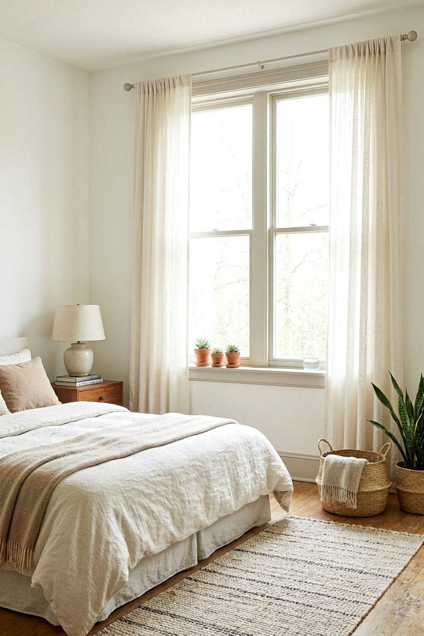 Soft white and warm beige painted 10x10 bedroom walls with natural light from window