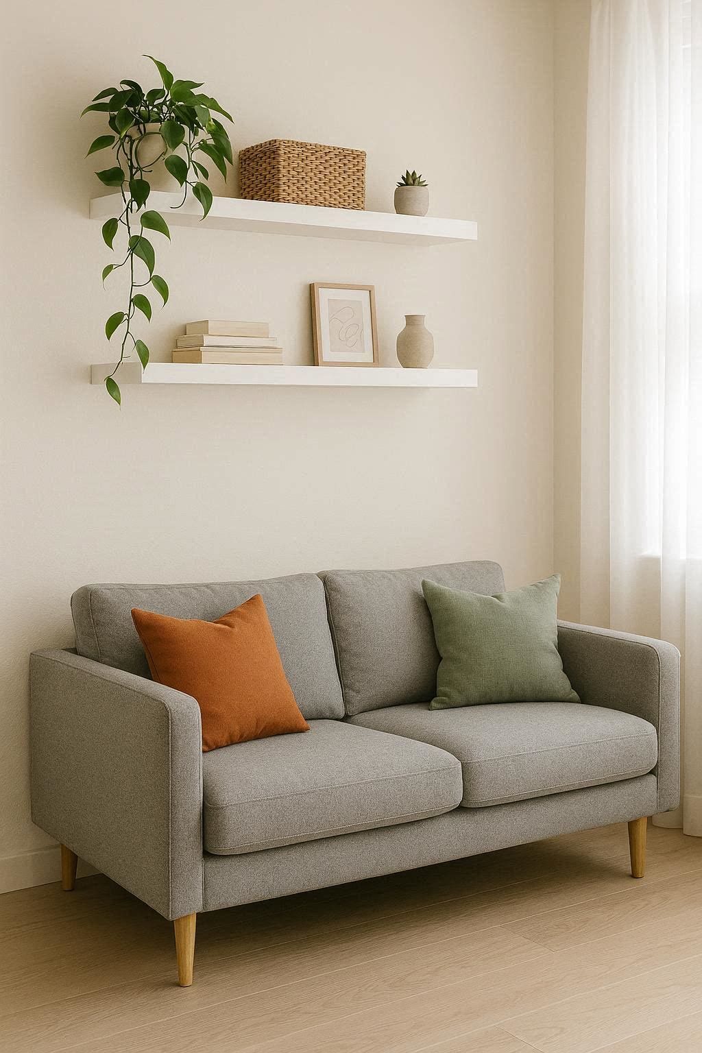 Neutral small living room with two white floating shelves mounted high on the wall holding plants, books and baskets above a grey sofa