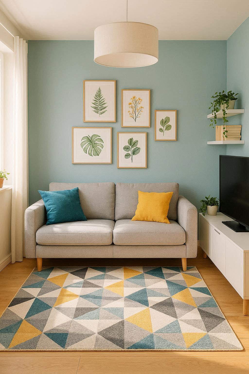 A bright and stylish small living room setup with grey sofa, yellow and teal accent pillows, geometric rug, and light blue accent wall