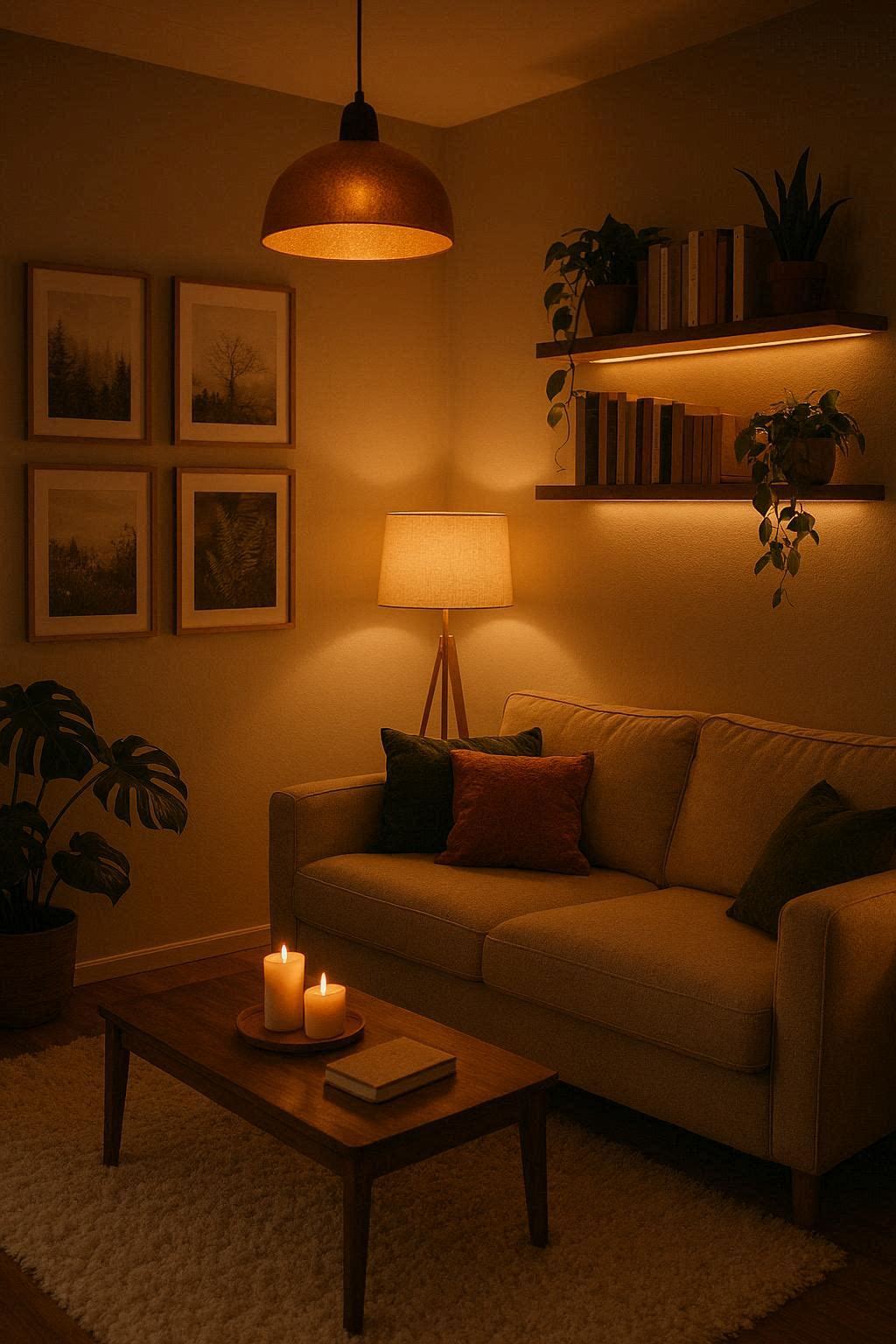 Cozy small living room with warm ambient lighting from floor lamp, shelf LED strip lights, and candles creating a layered lighting effect