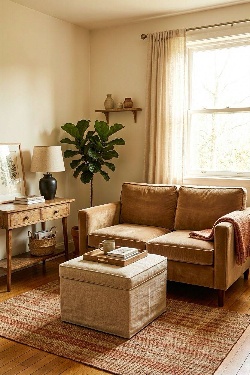Small living room layout with multi functional storage furniture