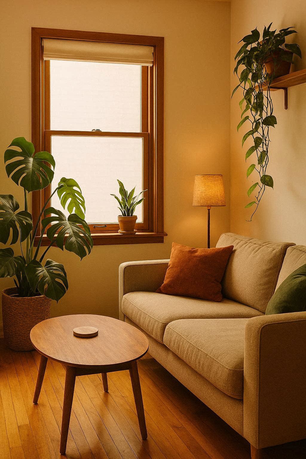 Boho small living room with strategic placement of large monstera plant in corner, trailing ivy on shelves and small potted plants on windowsill