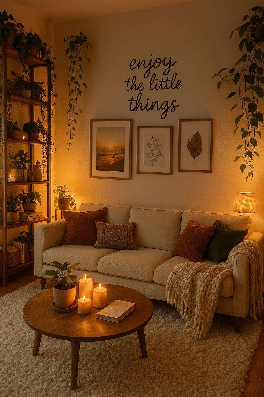Compact grey sofa with colorful accent cushions placed against a wall in a small living room with floating shelves