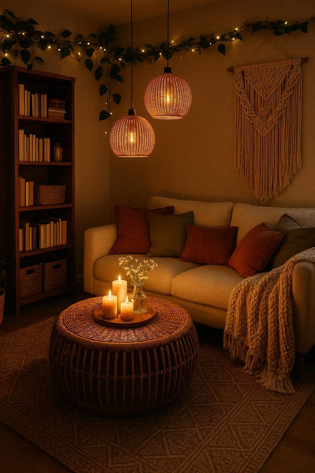 Bohemian cozy small living room with rattan coffee table, macrame wall hanging, woven pendant lights, chunky knit throw and layered cushions creating rich texture