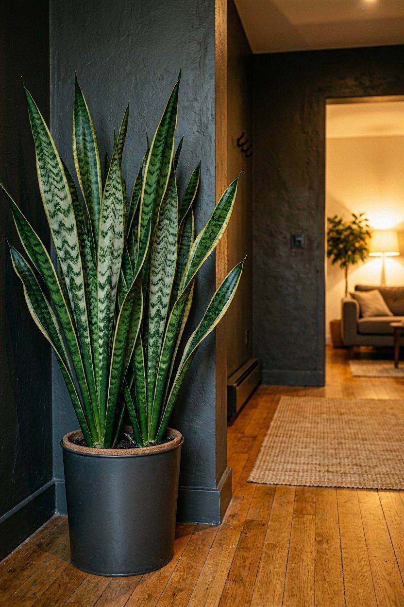 Tall snake plant styled in a dark home corner