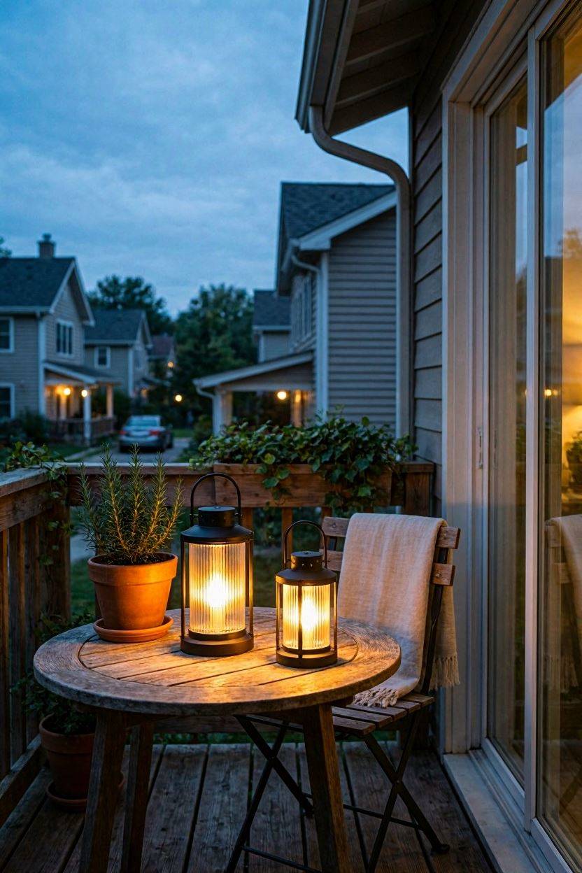Solar lanterns glowing on a small balcony side table