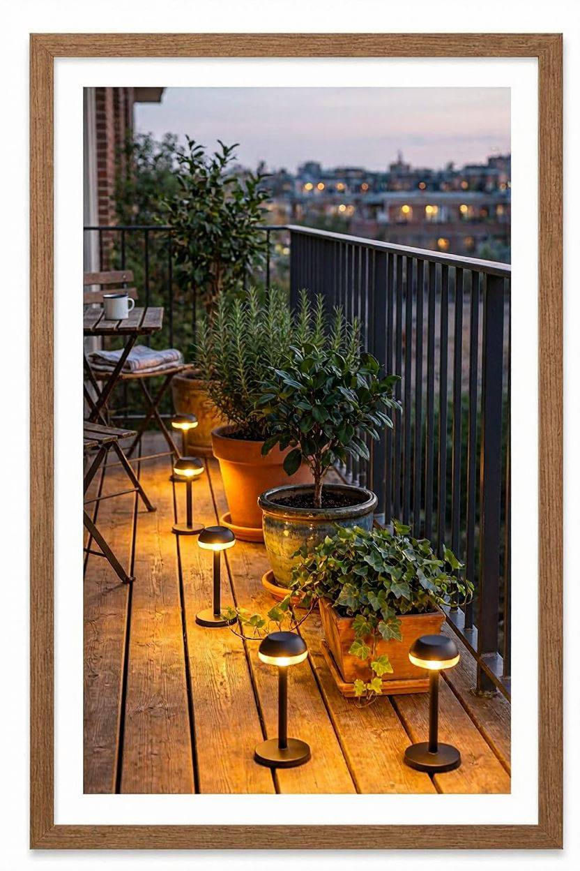 Solar stake lights placed along balcony floor edge near plants