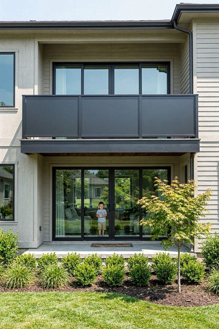 Solid aluminum powder coated panel railing on family home balcony