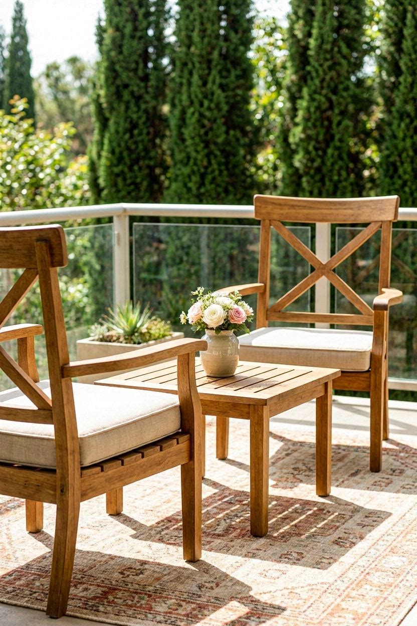 Two solid acacia wood armchairs with beige cushions and matching wood slat coffee table on a sunny balcony patio