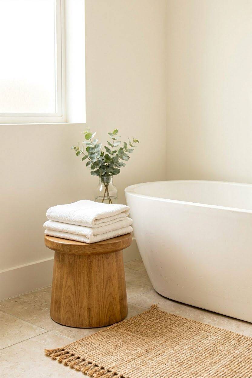 Spa inspired neutral guest bathroom with wood accents and white towels