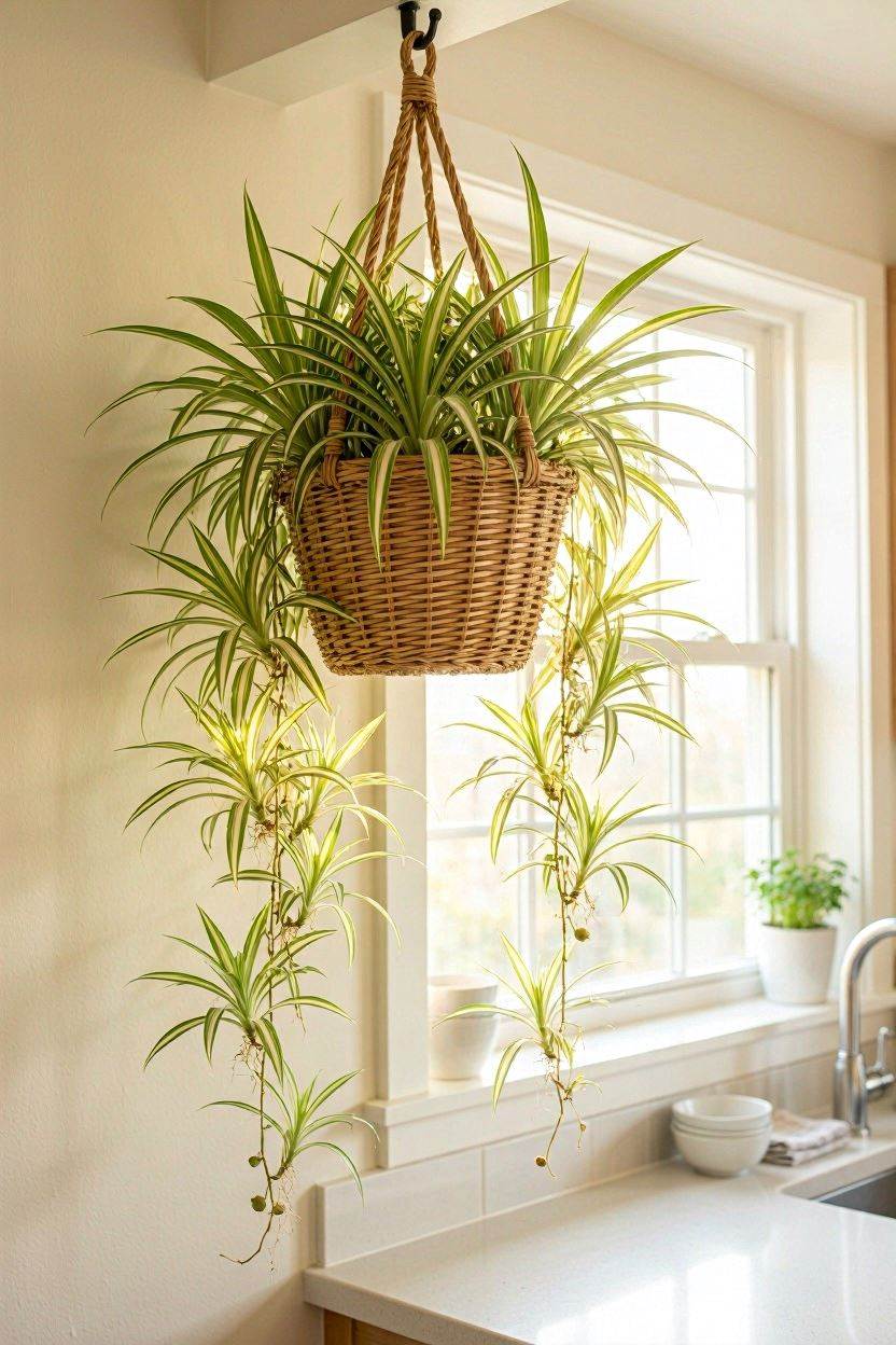 Lush green and white striped spider plant hanging near a kitchen window with baby offshoots trailing down