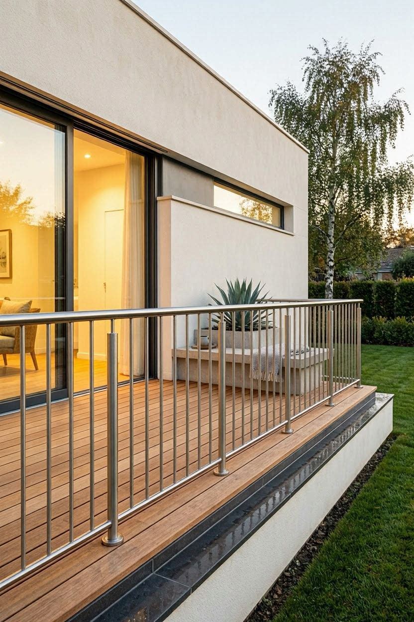 Stainless steel vertical bar railing on contemporary home balcony at dusk