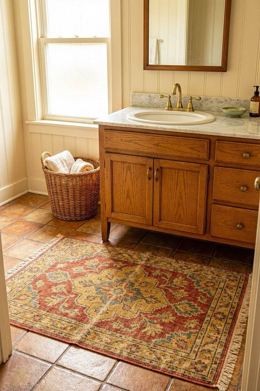 Patterned vintage style bath rug in front of bathroom vanity