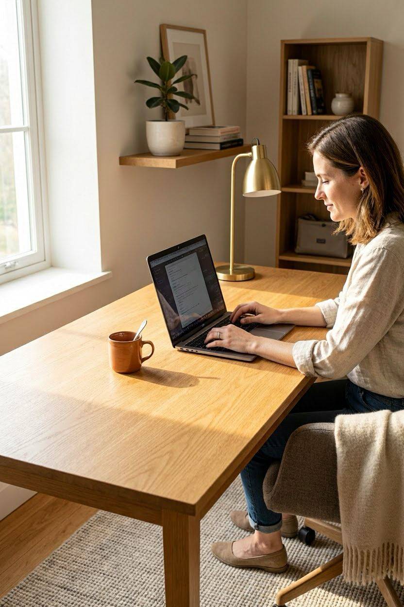 Statement wooden desk as the focal point of a home office