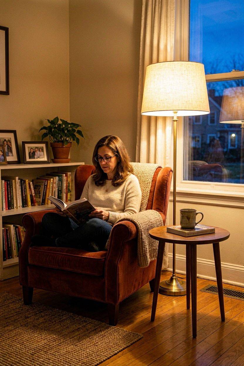 Warm floor lamp lighting used as statement piece in apartment living room