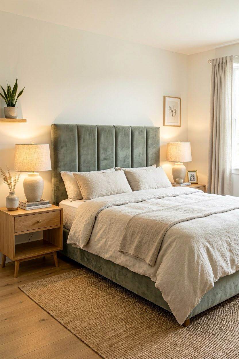 Sage green upholstered headboard as bedroom focal point