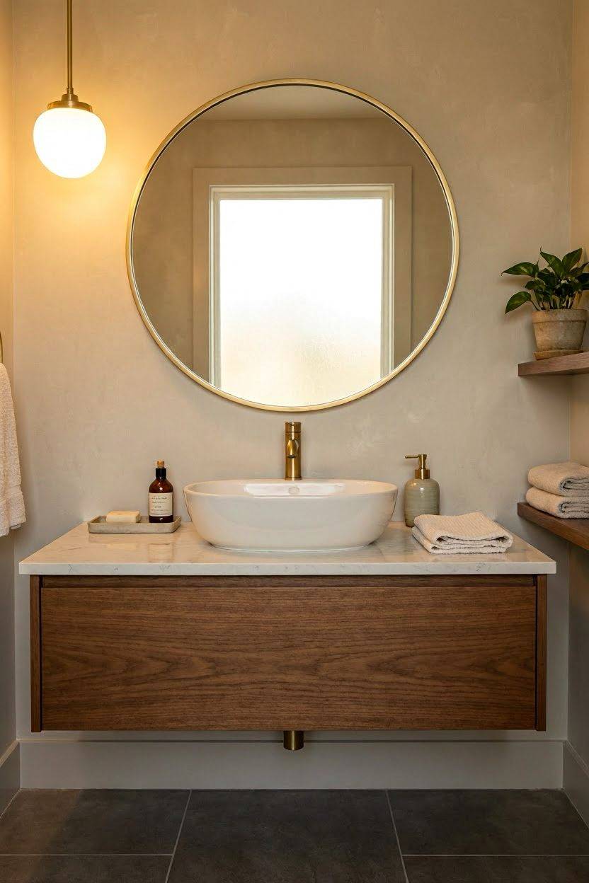 Round brass framed statement mirror above guest bathroom sink