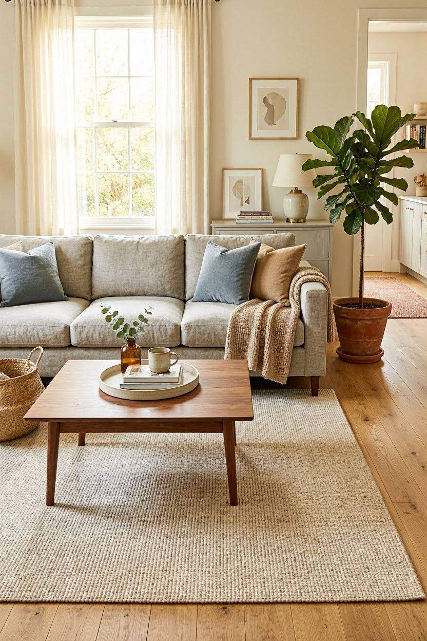 Living room with a large area rug properly sized under the sofa and coffee table