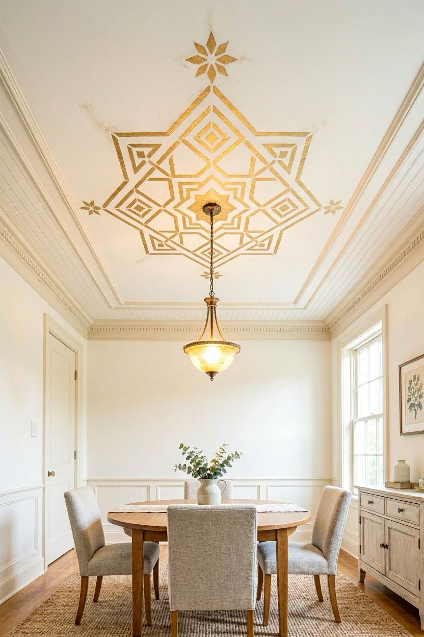 Stenciled medallion pattern painted on ceiling