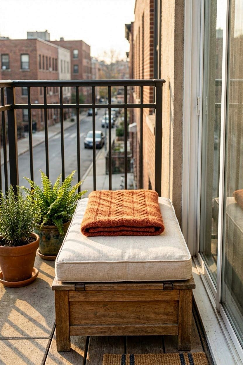 Outdoor storage bench doubling as seating on small balcony
