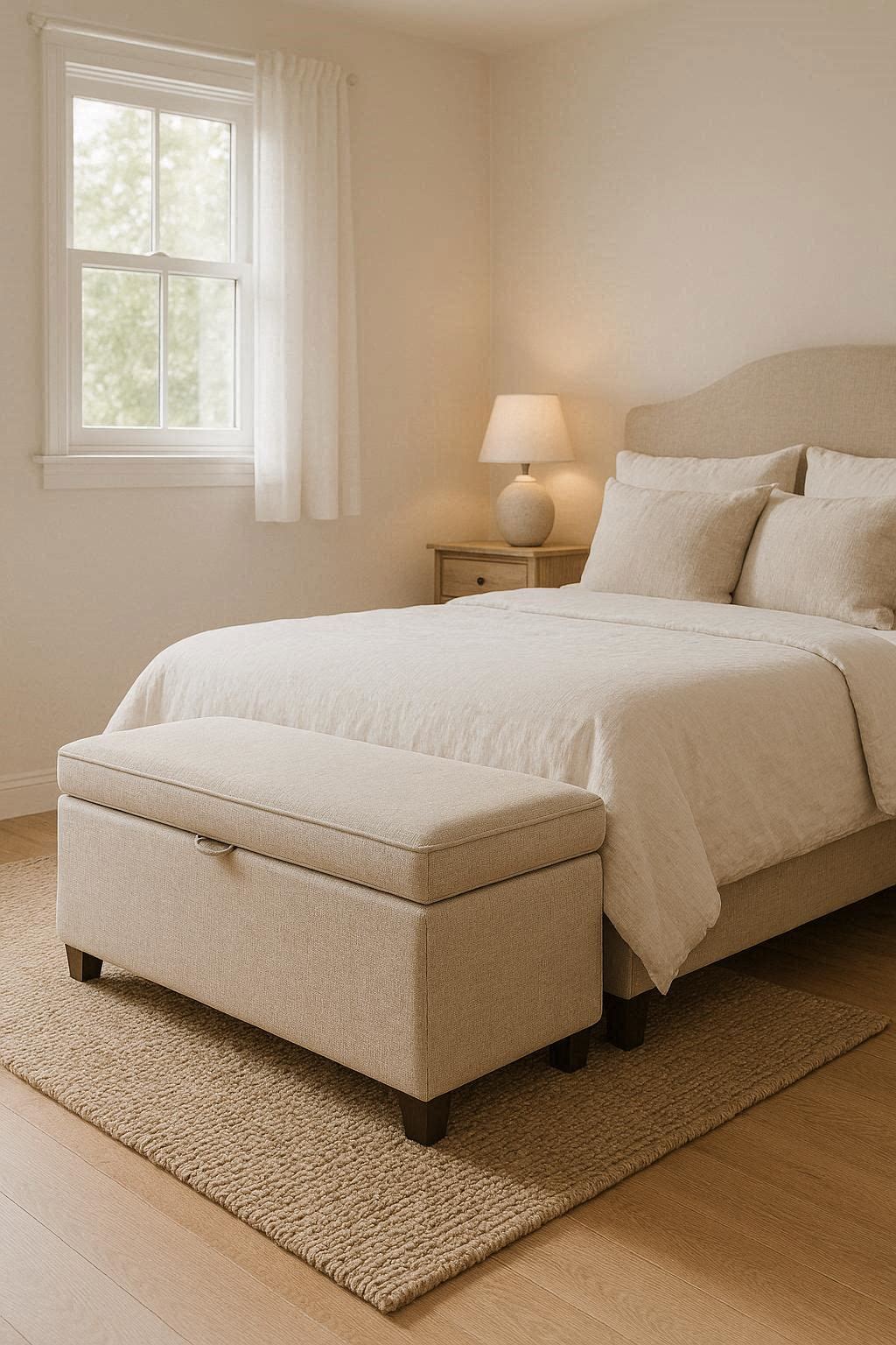 Ottoman storage bench at foot of bed in cozy small bedroom with linen bedding and soft natural light