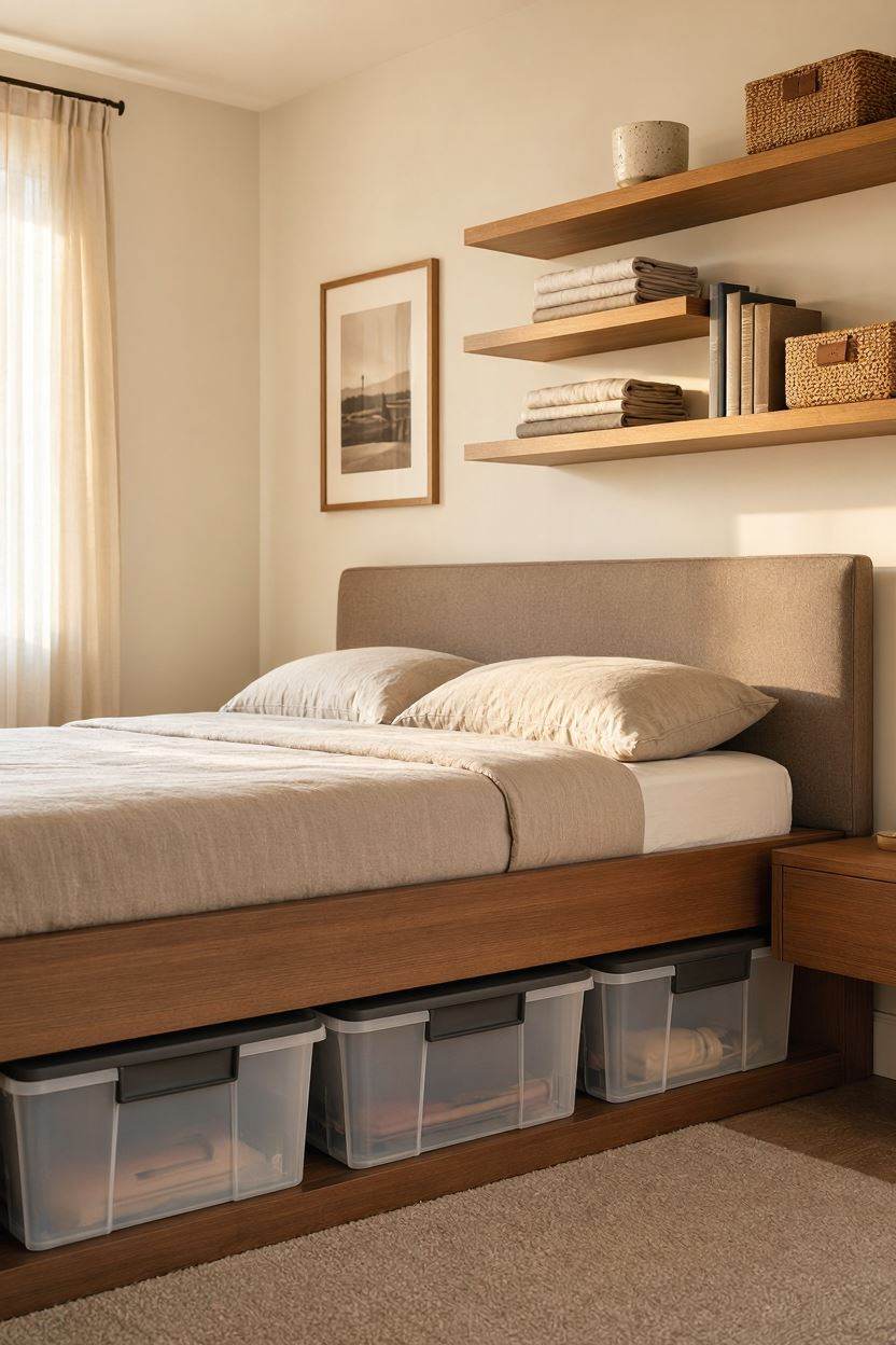 Under bed storage bins and floating shelves in a small bedroom