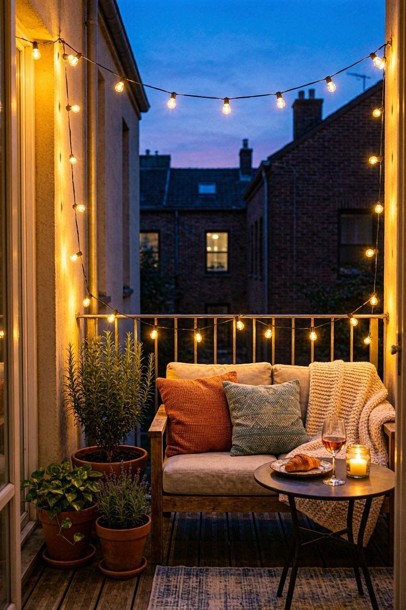 Warm string lights creating evening ambience on apartment balcony