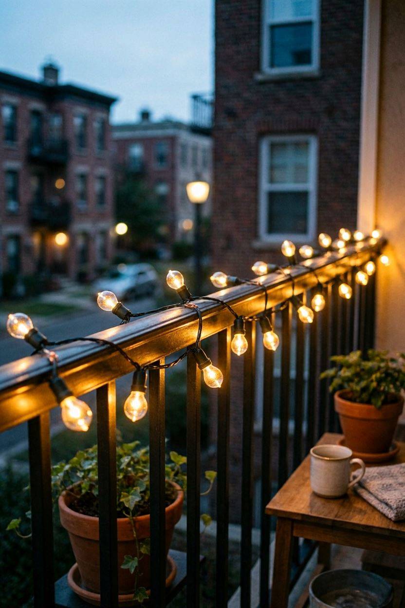 String lights hung neatly along a balcony railing