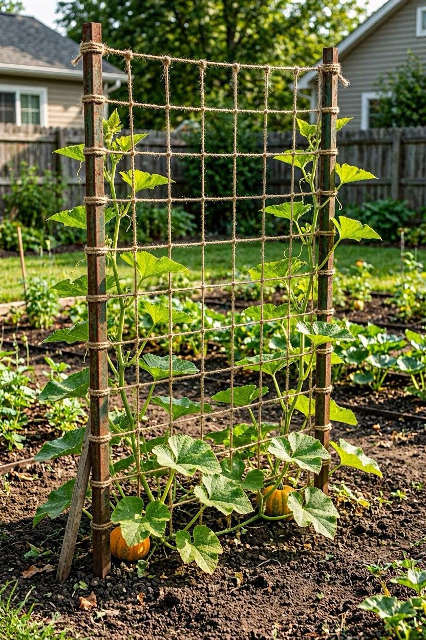 String trellis on T-posts with pumpkin vines growing vertically