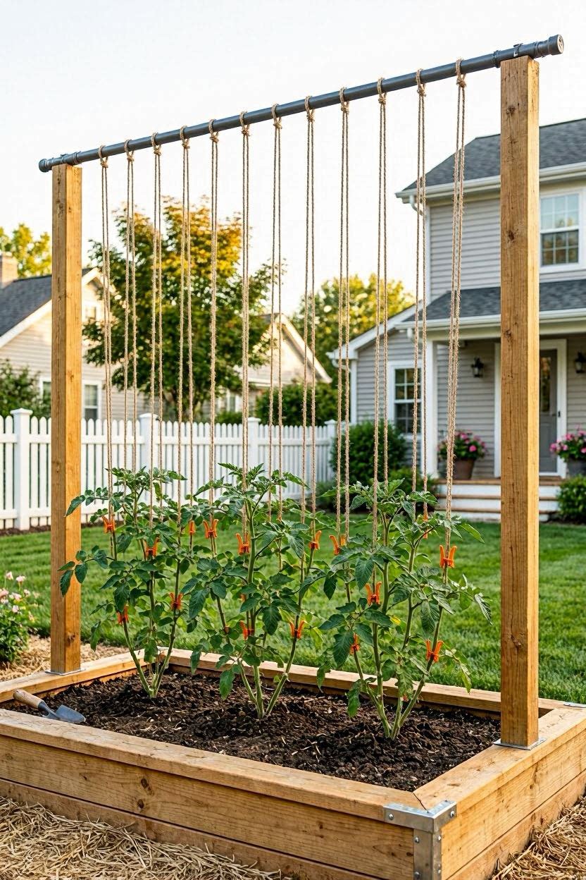 Vertical string trellis system attached to a wood frame above a raised garden bed with tomato plants tied to twine lines